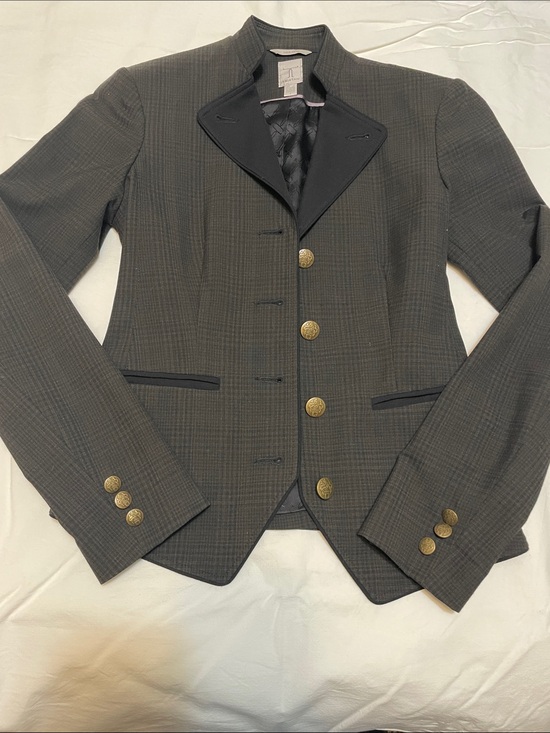 Tristan Jackets & Blazers - Womens Tailored Plaid Blazer Jacket in Dark Gray. Black collar. Tint of green